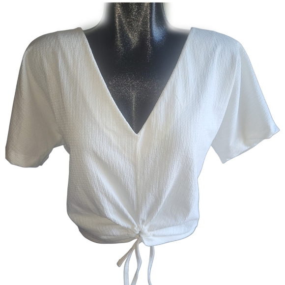 Zara White Textured Short Sleeve V-Neck Top S - Picture 1 of 6